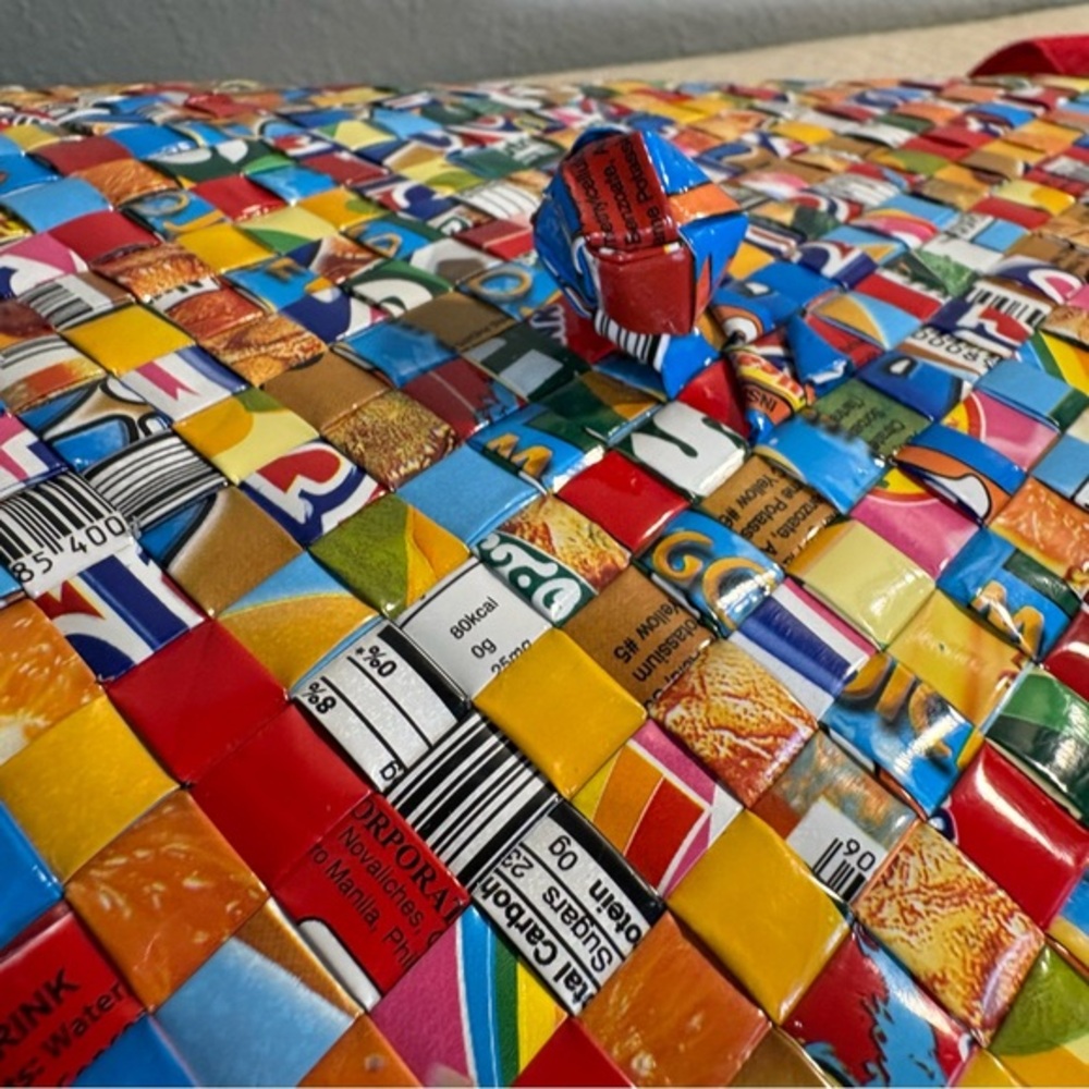 Colorful Handmade Upcycled Woven Backpack with Red‎ Straps - Picture 4 of 10